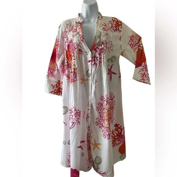 POSITANO BY Jean Poup TUNIC style beach coverup kimono dress coral starfish S/M - Picture 3 of 9